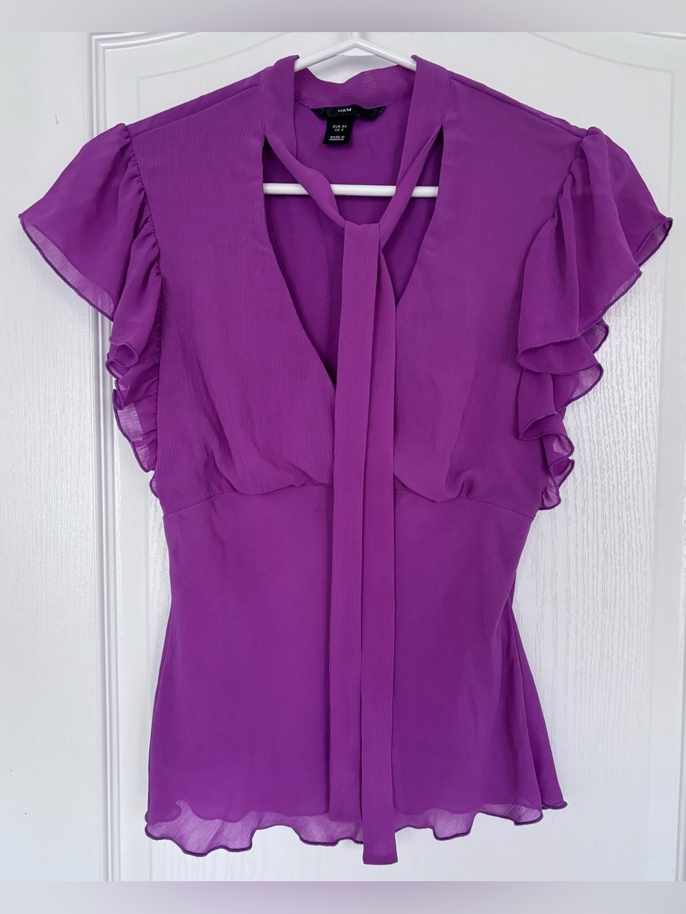H&M Purple Tie-Neck Ruffle Sleeve Blouse Top